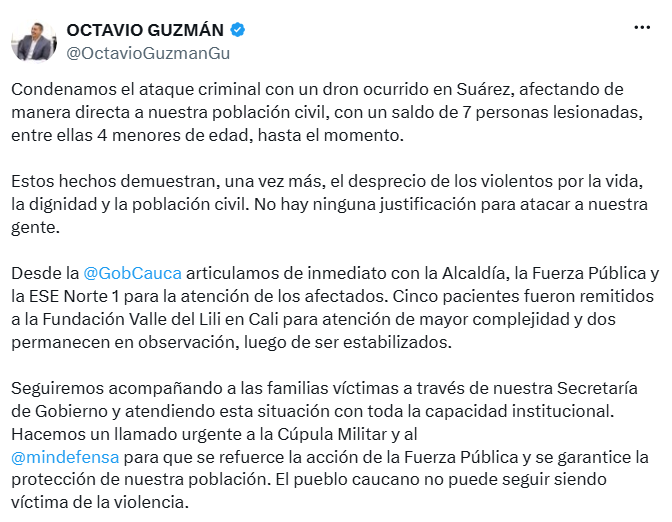 Octavio Guzmán confirmó que siete personas resultaron lesionadas, entre ellas cuatro menores de edad, y anunció el acompañamiento institucional. - crédito @OctavioGuzmanGu/X