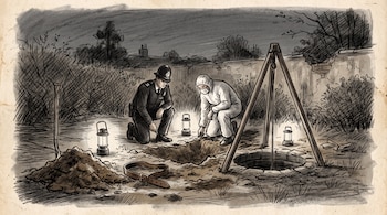 Dibujo de un policía y un forense junto a una excavación y un pozo, rodeados de faroles, una pala clavada en la tierra y un cinturón de cuero.