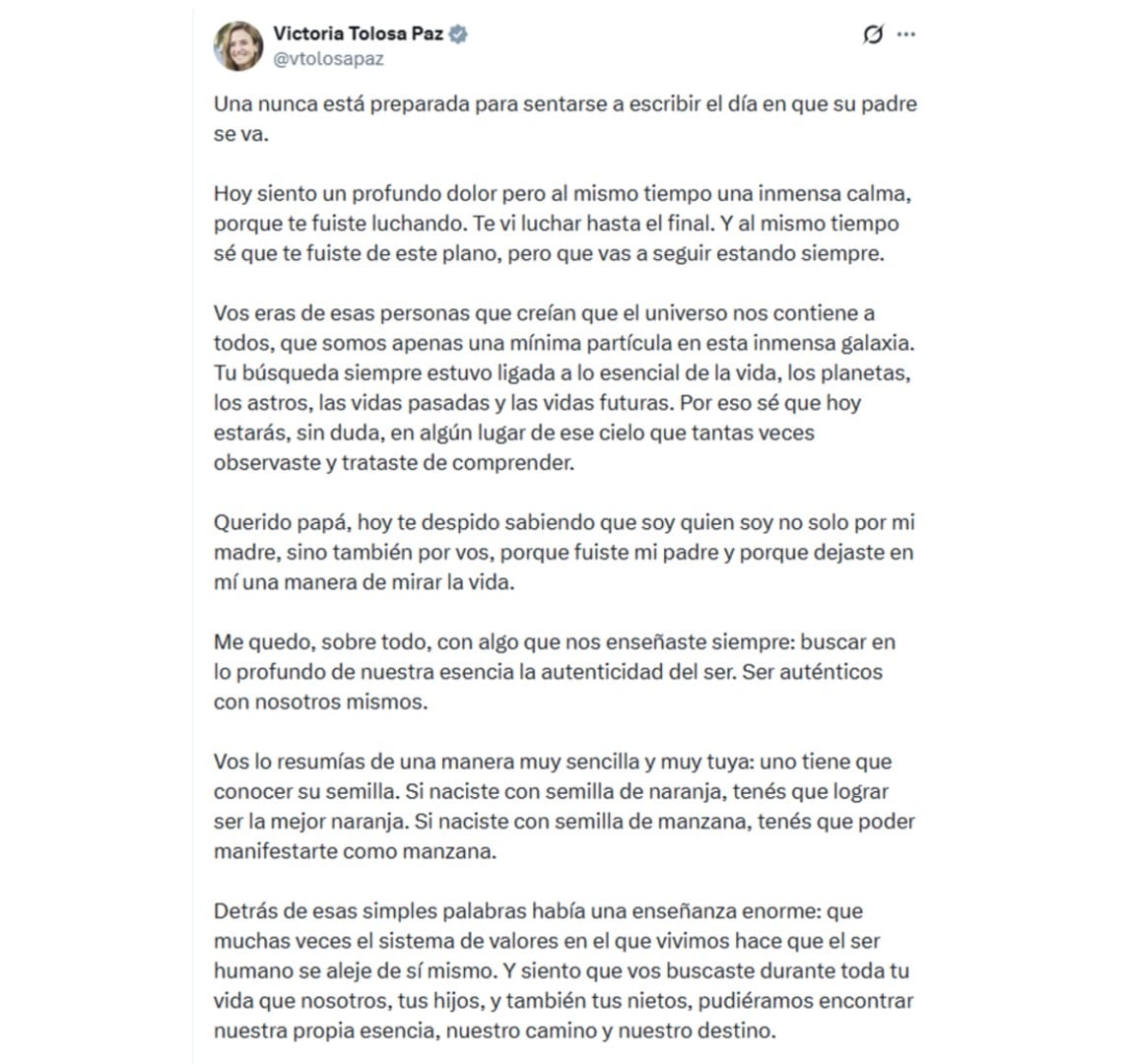 El mensaje de Victoria Tolosa Paz para despedir a su papá