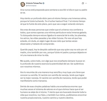 Captura de pantalla de una publicación en la red social X realizada por Victoria Tolosa Paz con un texto dedicado a su padre