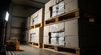 Interior de camión de carga con pallets de cajas. Algunas cajas rotas exponen paquetes envueltos. Una luz potente ilumina la escena; un dispositivo amarillo está en el suelo.
