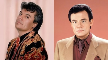Una imagen dividida muestra a Juan Gabriel con chaqueta bordada en la izquierda y a José José con saco y camisa en la derecha.