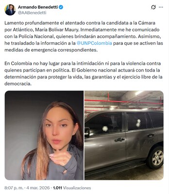 El ministro Armando Benedetti reafirma el compromiso del Gobierno para proteger a todos los actores políticos tras el atentado contra María Bolívar - crédito @AABenedetti/X
