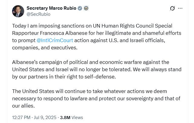 Marco Rubio, secretario de Estado de Estados Unidos, justificó las sanciones contra Albanese - crédito @SecRubio/X