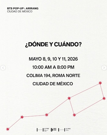 La Pop-Up Store BTS funcionará del 8 al 11 de mayo en Colima 194, Roma Norte, con cupo limitado y reservas por horario específico (X)