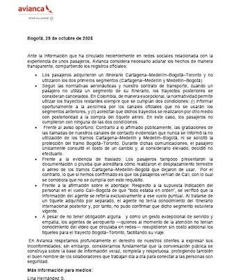 Avianca canceló la reserva de un pasajero hacia Toronto tras el desuso de los primeros tramos de su itinerario (Avianca)