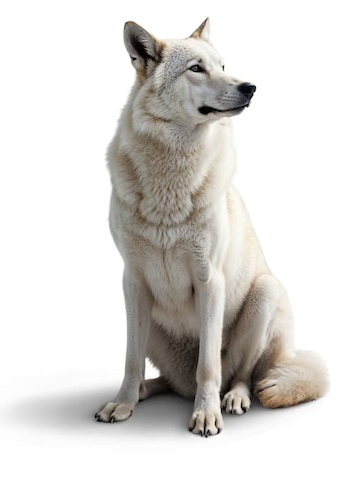 Perro grande sentado con pelaje blanco y crema, orejas puntiagudas, hocico largo, ojos claros, patas delanteras extendidas y cola curvada. Fondo blanco