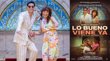 Tony Succar y Mimy Succar bailan sonrientes frente a un vitral y un póster del sencillo 'Lo Bueno Viene Ya', que muestra una mujer abrazando a una niña