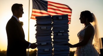 Siluetas de un hombre y una mujer tomados de la mano, separados por dos altas pilas de documentos, con la bandera de Estados Unidos al fondo bajo un cielo al atardecer.