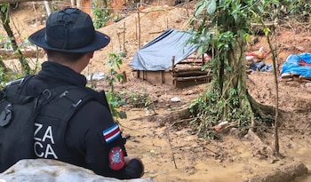 Oficiales de la Fuerza Pública ingresaron al campamento clandestino ubicado en cerro Conchuditas, en Cutris de San Carlos. Crédito: Ministerio de Seguridad Pública