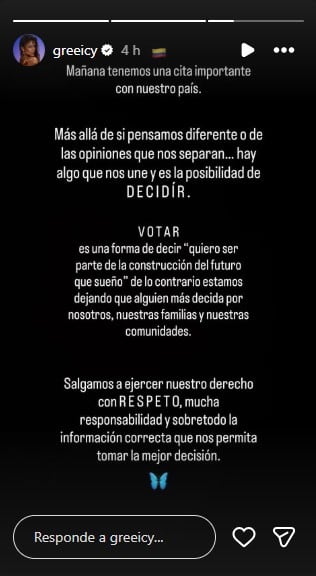 Sin dar pistas sobre su preferencia de voto, la cantante remarcó la importancia de que la población tome parte en los comicios electorales - crédito @greeicy/Instagram