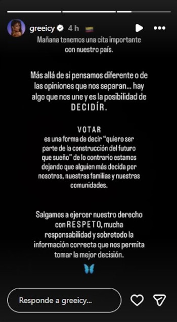 Sin dar pistas sobre su preferencia de voto, la cantante remarcó la importancia de que la población tome parte en los comicios electorales - crédito @greeicy/Instagram