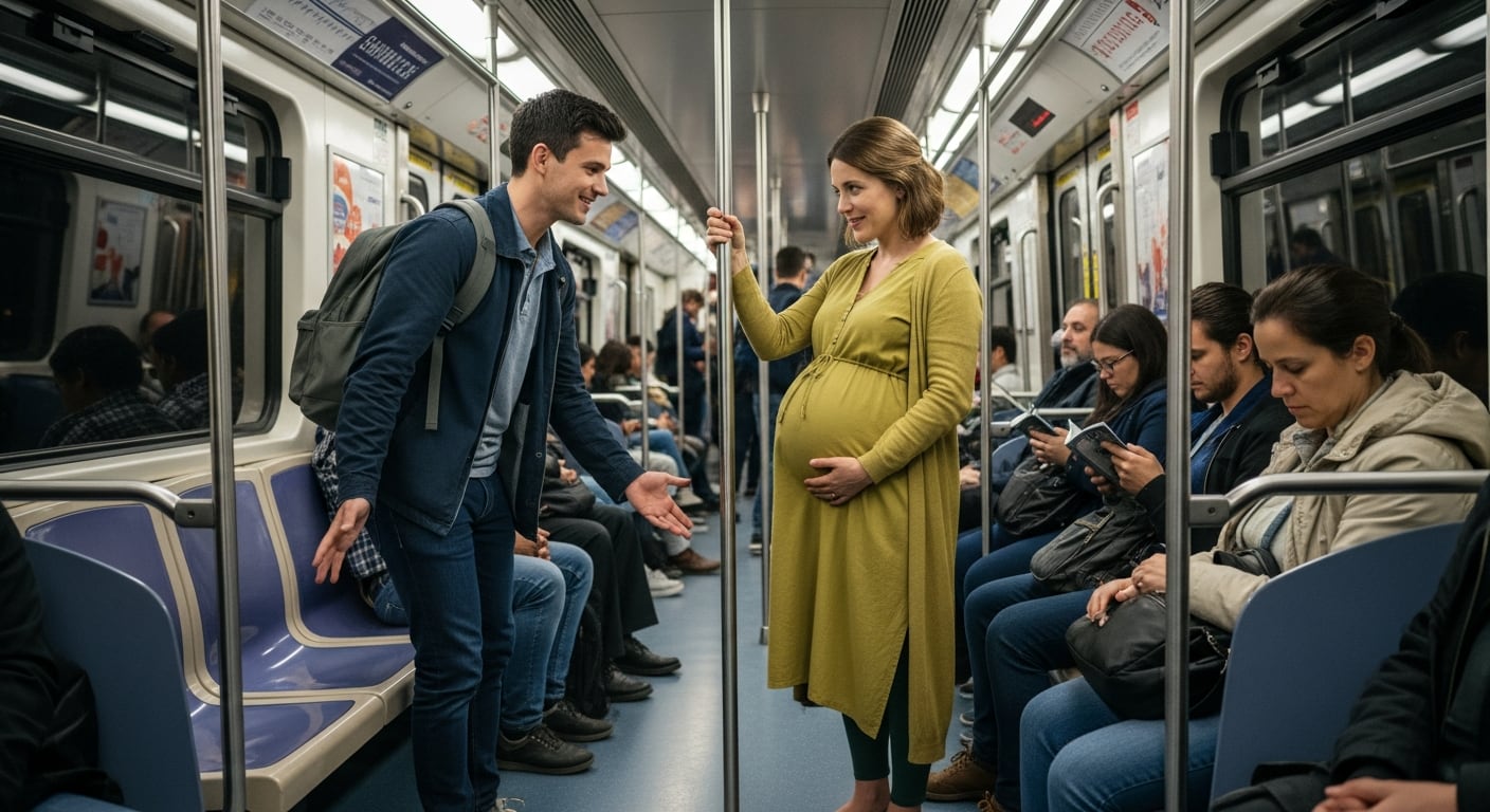 Un hombre cede su asiento a una mujer embarazada durante un trayecto en el metro lleno de pasajeros. (Imagen Ilustrativa Infobae)