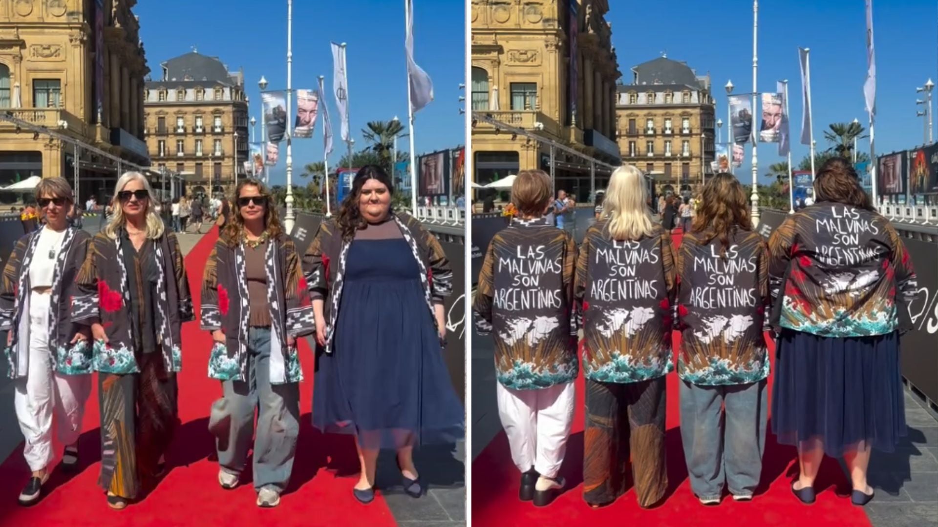 Las actrices Dolores Fonzi, Mercedes Morán, Alejandra Flechner y Carolina Álvarez lucen prendas con la consigna Las Malvinas son Argentinas en el Festival de San Sebastián