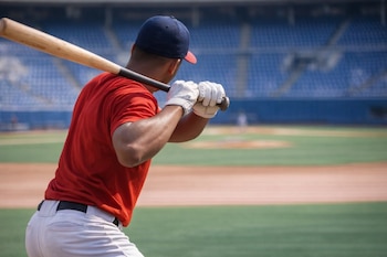 Joven beisbolista de espaldas con camiseta roja, pantalón blanco, gorra azul y guantes, sujetando un bate. De fondo, un campo de béisbol con asientos.