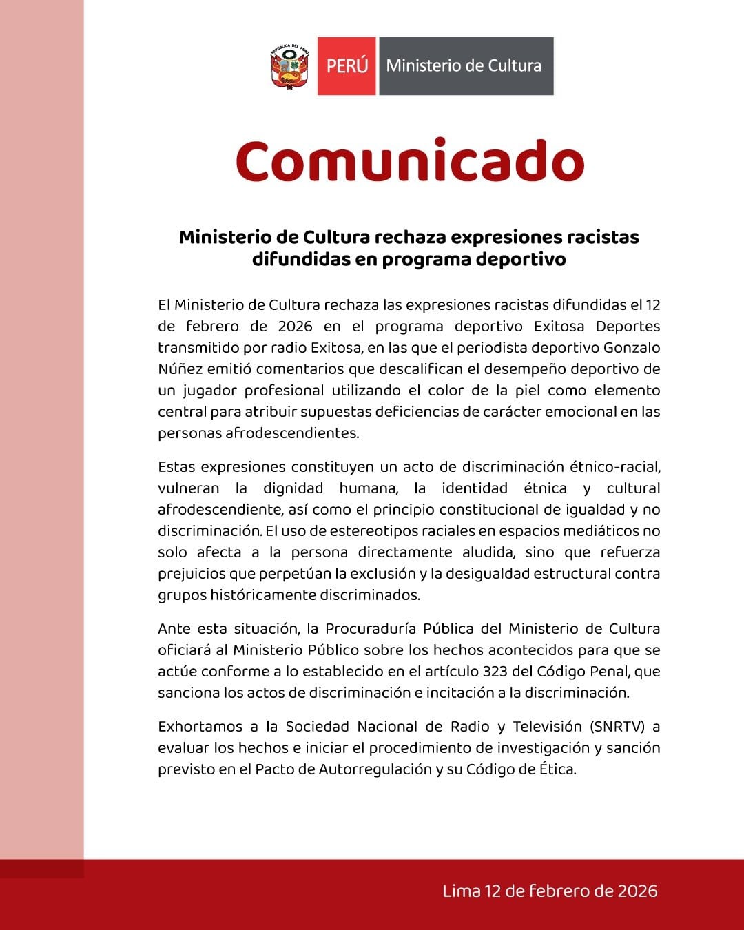 Comunicado del Ministerio de Cultura