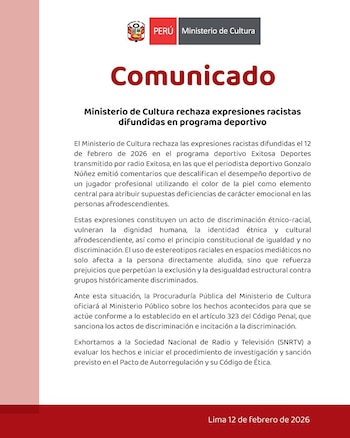 Comunicado del Ministerio de Cultura