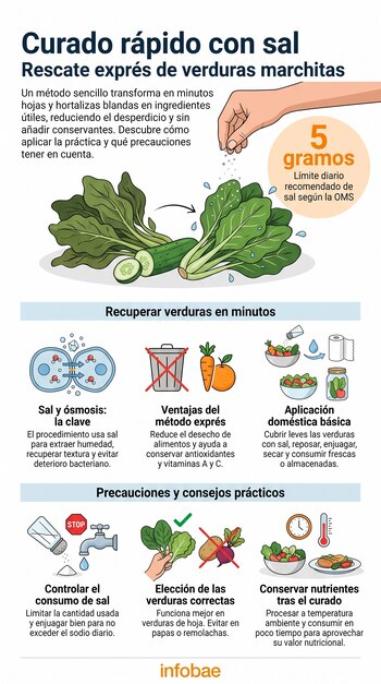 Infografía con mano aplicando sal a verduras, diagrama de ósmosis, íconos de alimentos, utensilios de cocina y texto informativo sobre el curado y límite de sodio.