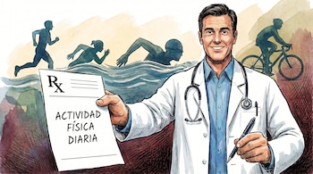 Ilustración de médico sonriente con bata blanca y estetoscopio, sosteniendo una receta con "ACTIVIDAD FÍSICA DIARIA". Siluetas de personas corriendo, nadando y en bicicleta en un fondo de acuarela.
