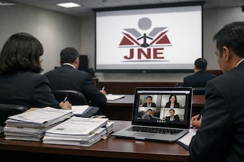 Sala institucional con mesa, actas electorales apiladas, laptop con videollamada, funcionarios y una pantalla proyectando el logo del JNE.