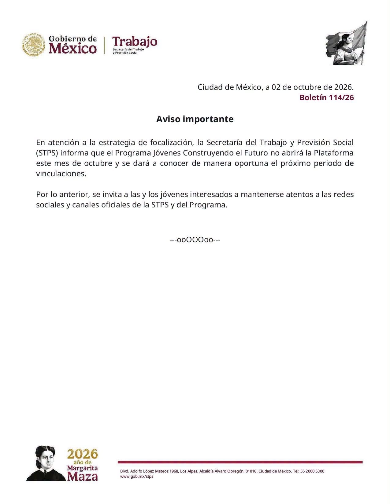 La Secretaría del Trabajo y Previsión Social de México informó que el programa Jóvenes Construyendo el Futuro no abrirá su plataforma de vinculación durante el mes de octubre. (Secretaría del Trabajo y Previsión Social)