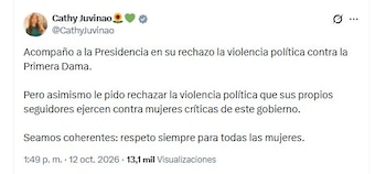 Cathy Juvinao pidió a la Presidencia respetar el derecho del debate y del control político, de la misma manera en que pidieron respeto por la primera dama - crédito @CathyJuvinao/X
