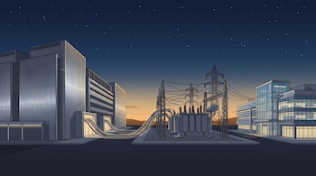 Subestación eléctrica con transformadores y torres de alta tensión conectada a edificios industriales bajo un cielo estrellado al atardecer.
