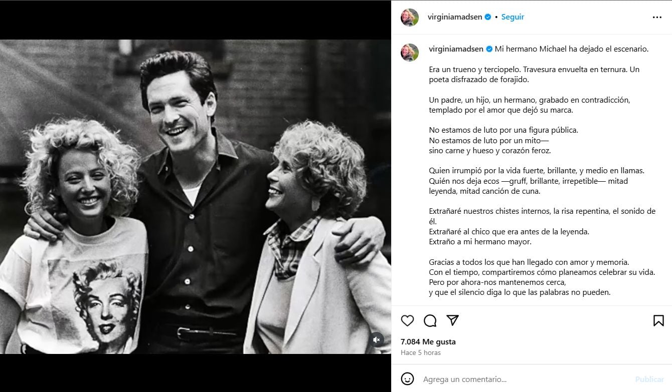 La actriz lamentó la partida de Michael, con quien compartió tanto la vida familiar como el escenario (Instagram/@virginiamadsen)