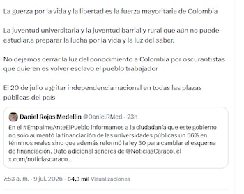 El jefe de Estado hizo un llamado a los colombianos a salir a las calles el 20 de julio- crédito @petrogustavo/X