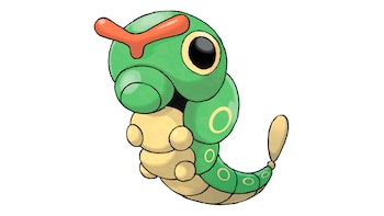 Ilustración de Caterpie, un Pokémon con cuerpo verde segmentado, vientre crema, ojos grandes y negros, y un cuerno naranja brillante sobre un fondo blanco