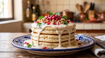 Tres hotcakes apilados en un plato cerámico blanco con detalles azules, cubiertos con crema blanca, semillas de granada, nueces y perejil.