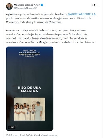 Mauricio Gómez Amín agradeció públicamente al presidente electo, Abelardo de la Espriella, por la designación - crédito @MauricioGomezCO/X