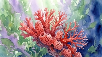 Acuarela de un coral rojo con ramificaciones sobre un fondo de manchas verdes, moradas y azules. El coral presenta una textura porosa.