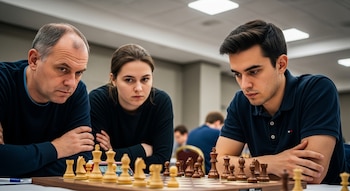 Primer plano de un jugador de ajedrez concentrado en el tablero, con un hombre y una mujer al fondo observando con expresiones serias en un torneo.