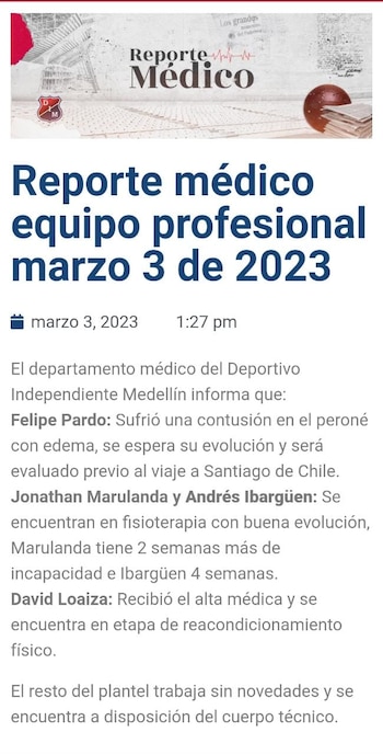 Reporte médico Independiente Medellín con