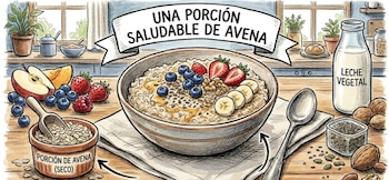 Ilustración de un tazón de avena con fresas, arándanos, plátano y nueces. Al lado, una porción de avena seca, leche vegetal y frutos secos