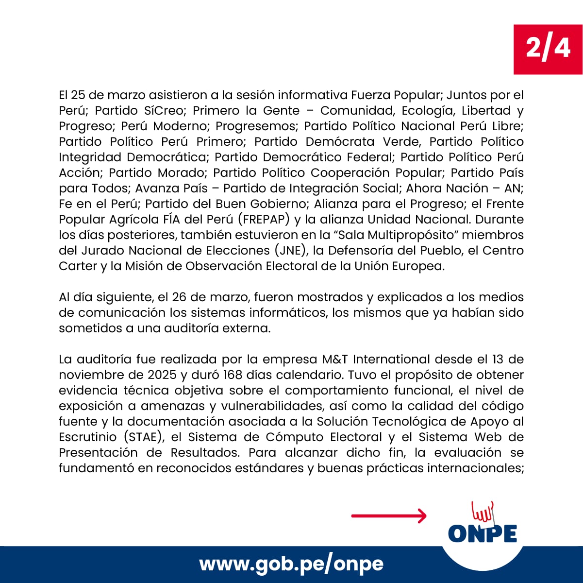 La ONPE comunica la robustez de su sistema de cómputo electoral, auditado externamente y presentado a partidos políticos y observadores, para las Elecciones Generales de 2026.
