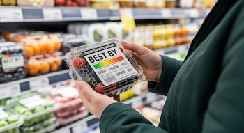 Manos sosteniendo un envase de bayas con una etiqueta 'BEST BY' y una barra de calidad verde a roja. Fondo borroso de estantes de supermercado.