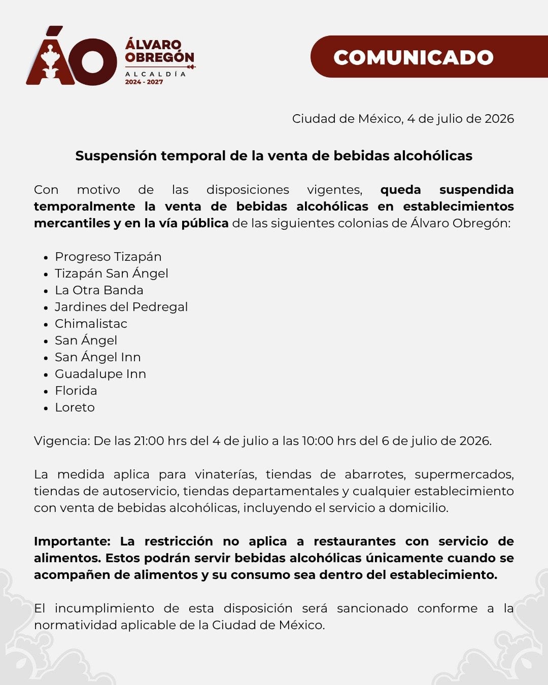 Un comunicado oficial de la Alcaldía Álvaro Obregón informa sobre la suspensión temporal de la venta de bebidas alcohólicas en colonias de Ciudad de México. (@AlcaldiaAO)