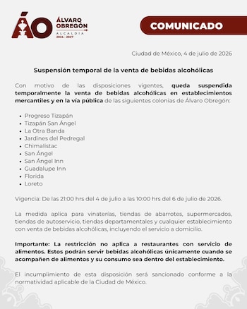 Documento con el logo de la Alcaldía Álvaro Obregón y el título "COMUNICADO". Detalla la suspensión temporal de venta de alcohol en colonias de Ciudad de México