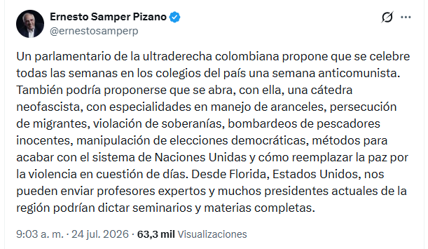 El expresidente colombiano cuestionó la propuesta de una