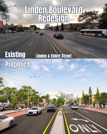 El nuevo proyecto de Linden Boulevard busca mejorar la seguridad vial y agilizar el tránsito para los 60.000 usuarios diarios que circulan por la vía (NYC Dot)