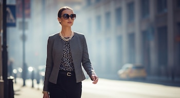 Mujer de mediana edad con un blazer gris, blusa estampada, collar de perlas y gafas de sol oscuras camina por una calle urbana con edificios y smog de fondo.
