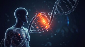 Una figura humana translúcida en perfil mira una hélice de ADN rota y brillante con tonos rojos y naranjas sobre un fondo oscuro.