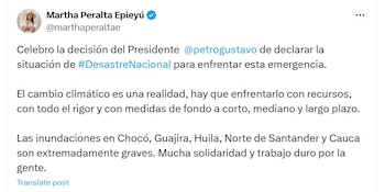 La senadora celebró que el departamento de La Guajira fuera uno de los territorios priorizados por el Gobierno Petro en la declaratoria de situación de emergencia - crédito @marthaperaltae/X