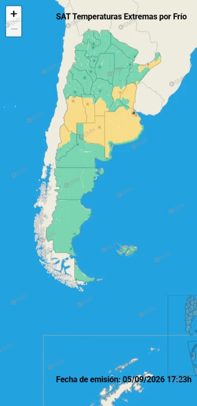 Según el SMN, distintas regiones del país estarán bajo alerta amarilla por bajas temperaturas durante el domingo