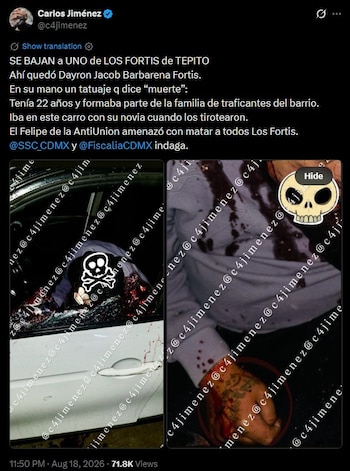 Dayron Jacob Barbarena Fortis, de 22 años, fue asesinado a balazos cuando viajaba en un automóvil junto con su novia. (X @c4jimenez)