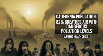 Múltiples personas con mascarillas frente a una ciudad industrializada con fábricas emitiendo humo, una autopista con tráfico y un sol cubierto por la bruma.