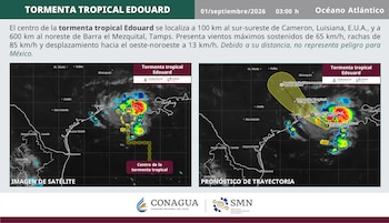Infografía con mapa de satélite y cono de trayectoria de la tormenta tropical Edouard en el océano Atlántico con datos técnicos y logotipos