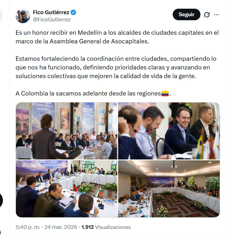 El alcalde Federico Gutiérrez recibió a los alcaldes de las capitales de Colombia en Medellín - crédito @FicoGutierrez/X